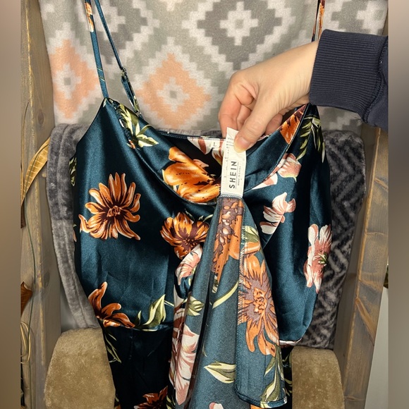 SHEIN Womens floral print drape neck split thigh satin dress - Picture 7 of 9